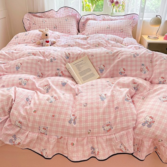 91家纺网 家纺一手货源 找家纺 海岛哥哥 2025新款韩式ins风黑边花边木棉双层纱四件套（有买家秀） 黑花边-甜蜜电话-粉