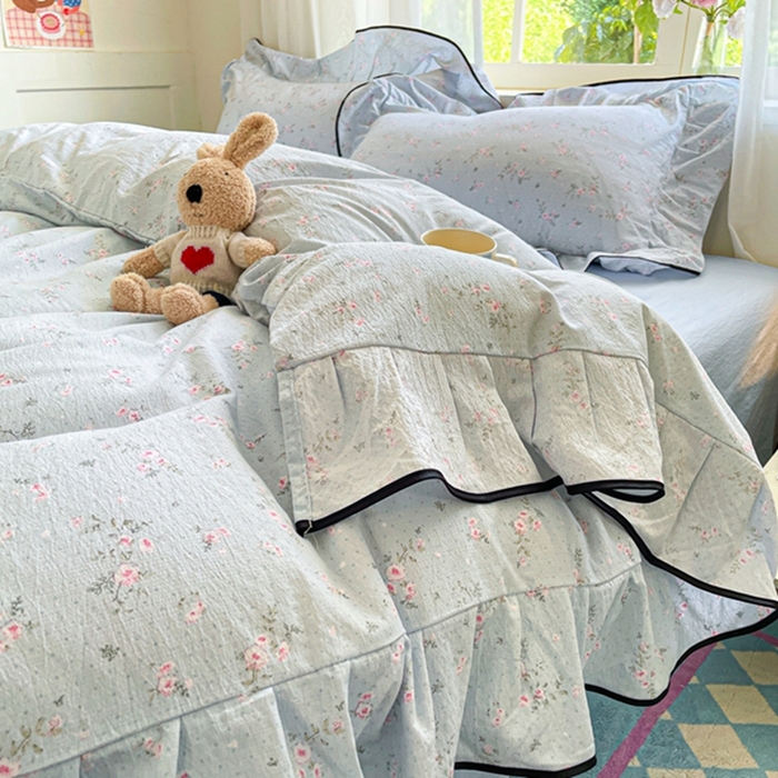 91家纺网 家纺一手货源 找家纺 海岛哥哥 2025新款韩式ins风黑边花边木棉双层纱四件套（有买家秀） 黑花边-豆蔻