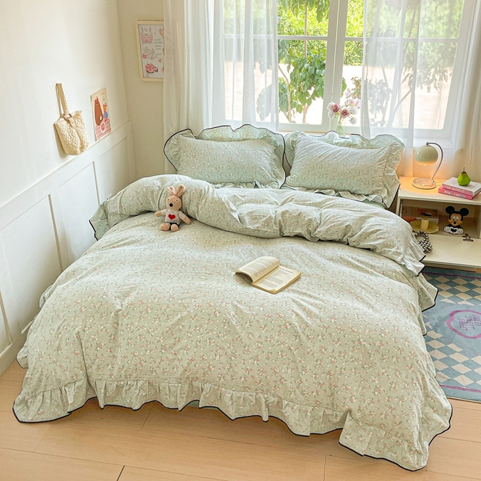 91家纺网 家纺一手货源 找家纺 海岛哥哥 2025新款韩式ins风黑边花边木棉双层纱四件套（有买家秀） 黑花边-栀子-绿