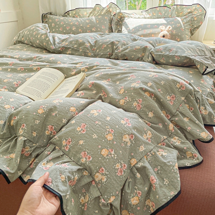 91家纺网 家纺一手货源 找家纺 海岛哥哥 2025新款韩式ins风黑边花边木棉双层纱四件套（有买家秀） 黑花边-玫瑰花海-墨绿