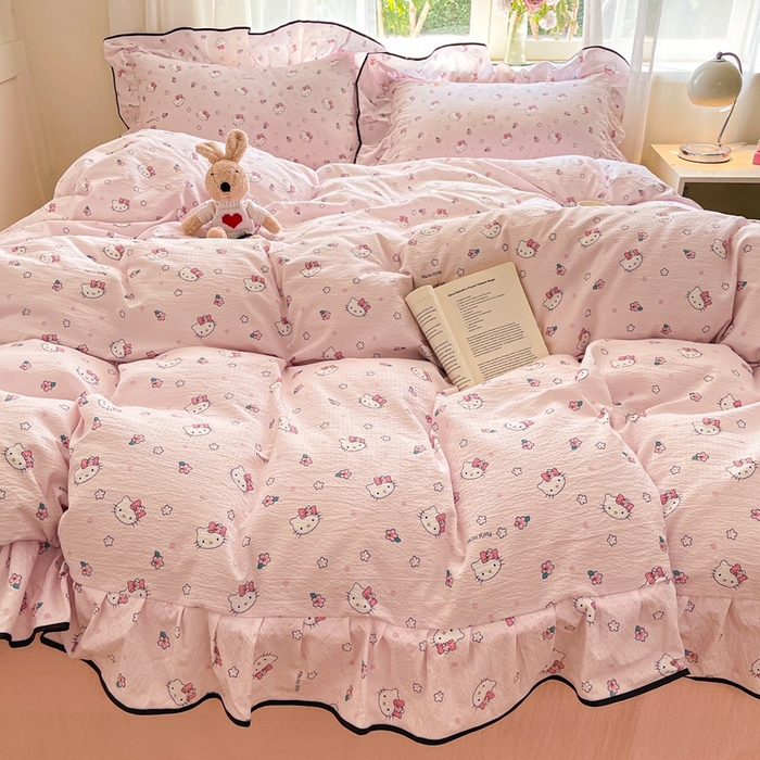 91家纺网 家纺一手货源 找家纺 海岛哥哥 2025新款韩式ins风黑边花边木棉双层纱四件套（有买家秀） 黑花边-粉樱凯蒂