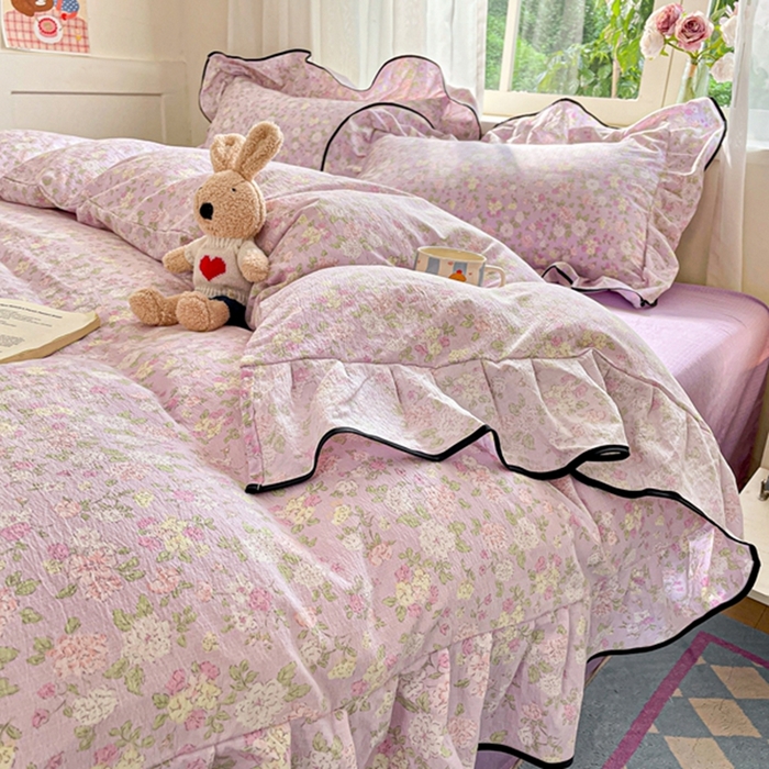 91家纺网 家纺一手货源 找家纺 海岛哥哥 2025新款韩式ins风黑边花边木棉双层纱四件套（有买家秀） 黑花边-芍药-紫