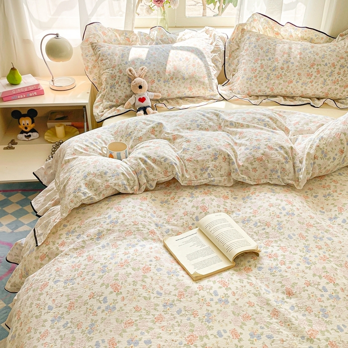 91家纺网 家纺一手货源 找家纺 海岛哥哥 2025新款韩式ins风黑边花边木棉双层纱四件套（有买家秀） 黑花边-芍药-米