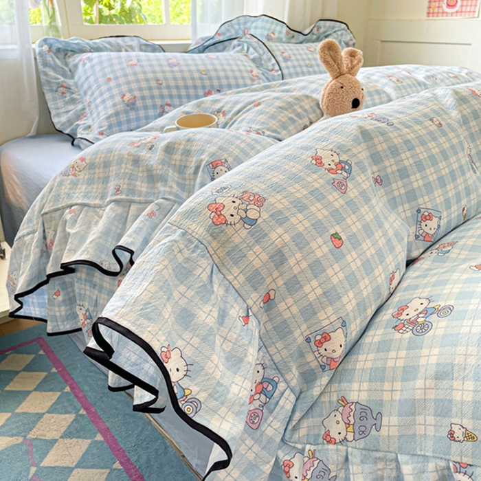 海岛哥哥 2025新款韩式ins风黑边花边木棉双层纱四件套（有买家秀） 黑花边-甜蜜电话-蓝