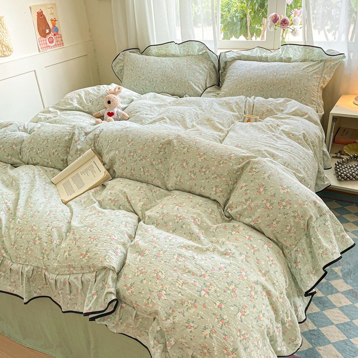 91家纺网 家纺一手货源 找家纺 海岛哥哥 2025新款韩式ins风黑边花边木棉双层纱四件套（有买家秀） 黑花边-栀子-绿