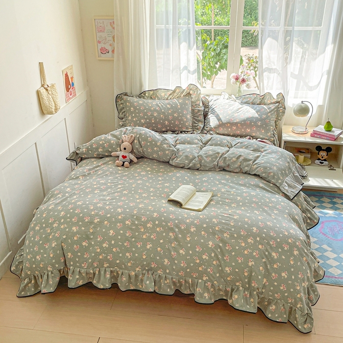 91家纺网 家纺一手货源 找家纺 海岛哥哥 2025新款韩式ins风黑边花边木棉双层纱四件套（有买家秀） 黑花边-玫瑰花海-墨绿