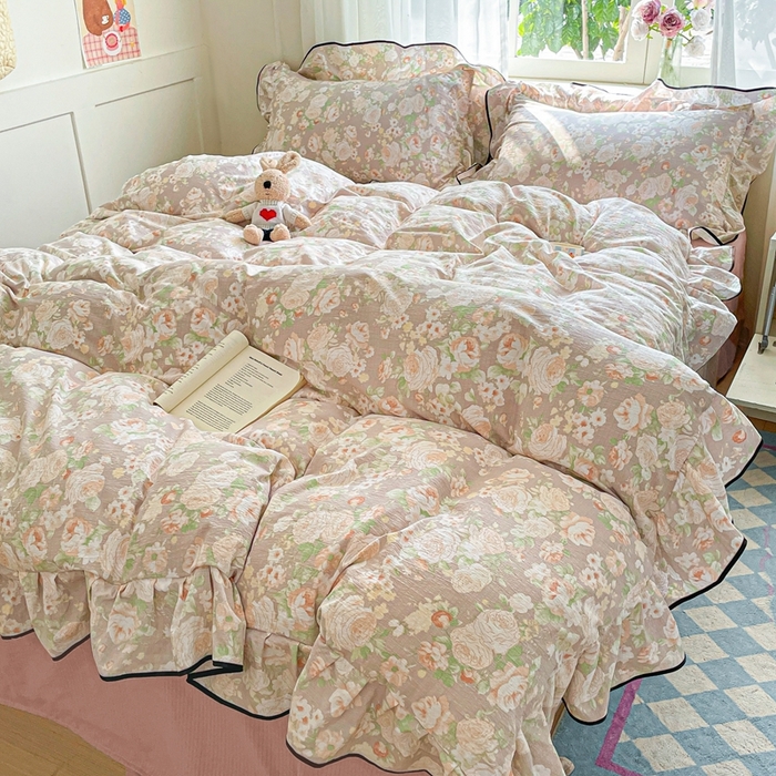 91家纺网 家纺一手货源 找家纺 海岛哥哥 2025新款韩式ins风黑边花边木棉双层纱四件套（有买家秀） 黑花边-牡丹