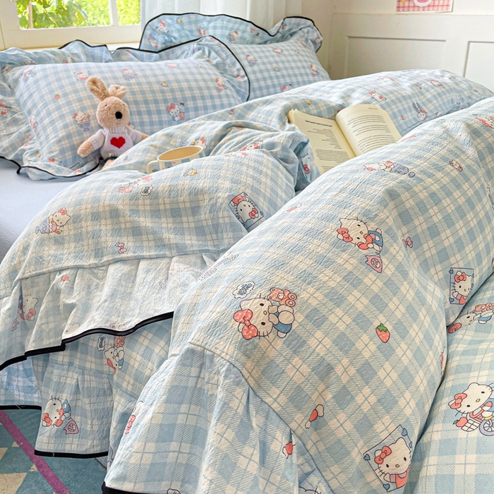 91家纺网 家纺一手货源 找家纺 海岛哥哥 2025新款韩式ins风黑边花边木棉双层纱四件套（有买家秀） 黑花边-甜蜜电话-蓝