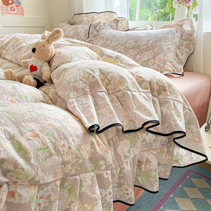 91家纺网 家纺一手货源 找家纺 海岛哥哥 2025新款韩式ins风黑边花边木棉双层纱四件套（有买家秀） 黑花边-牡丹