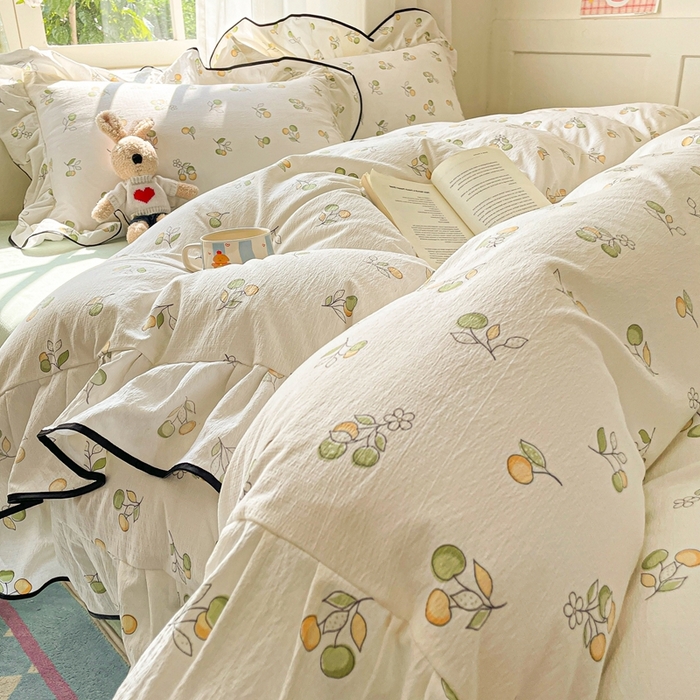 91家纺网 家纺一手货源 找家纺 海岛哥哥 2025新款韩式ins风黑边花边木棉双层纱四件套（有买家秀） 黑花边-盛夏果实