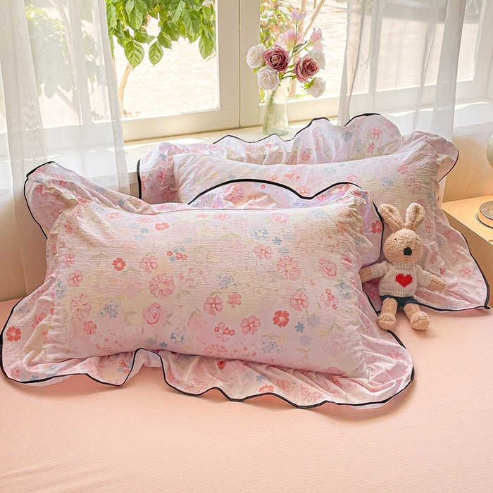 91家纺网 家纺一手货源 找家纺 海岛哥哥 2025新款韩式ins风黑边花边木棉双层纱四件套（有买家秀） 黑花边-花梦源-粉