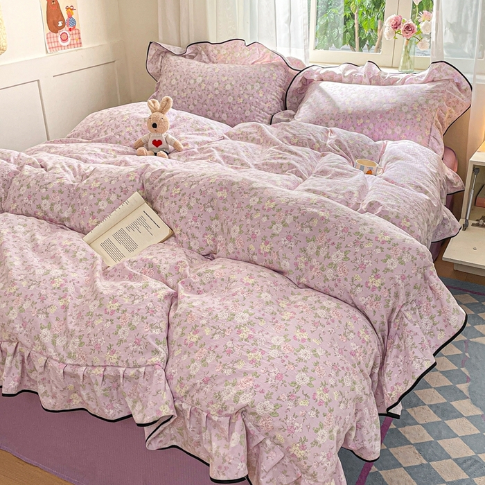 91家纺网 家纺一手货源 找家纺 海岛哥哥 2025新款韩式ins风黑边花边木棉双层纱四件套（有买家秀） 黑花边-芍药-紫