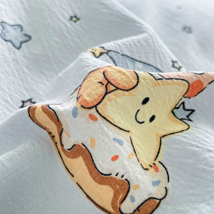 91家纺网 家纺一手货源 找家纺 海岛哥哥 2025新款韩式ins风黑边花边木棉双层纱四件套（有买家秀） 黑花边-萌萌星星人-蓝