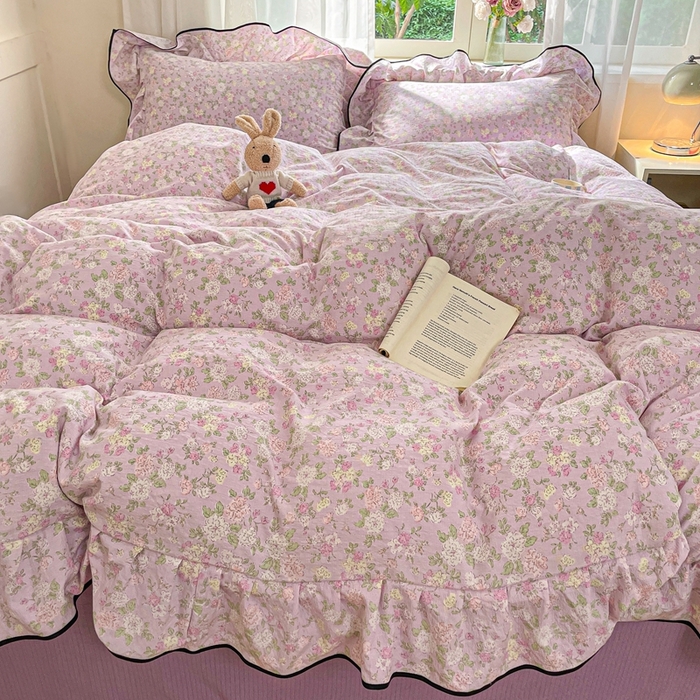 91家纺网 家纺一手货源 找家纺 海岛哥哥 2025新款韩式ins风黑边花边木棉双层纱四件套（有买家秀） 黑花边-芍药-紫