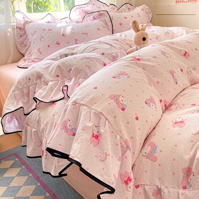 海岛哥哥 2025新款韩式ins风黑边花边木棉双层纱四件套（有买家秀） 黑花边-顽皮乐乐