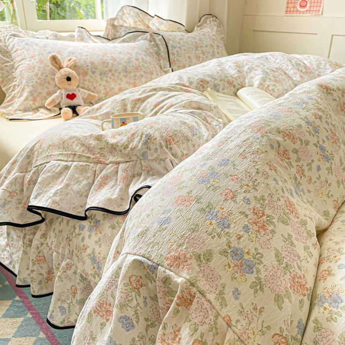 海岛哥哥 2025新款韩式ins风黑边花边木棉双层纱四件套（有买家秀） 黑花边-芍药-米