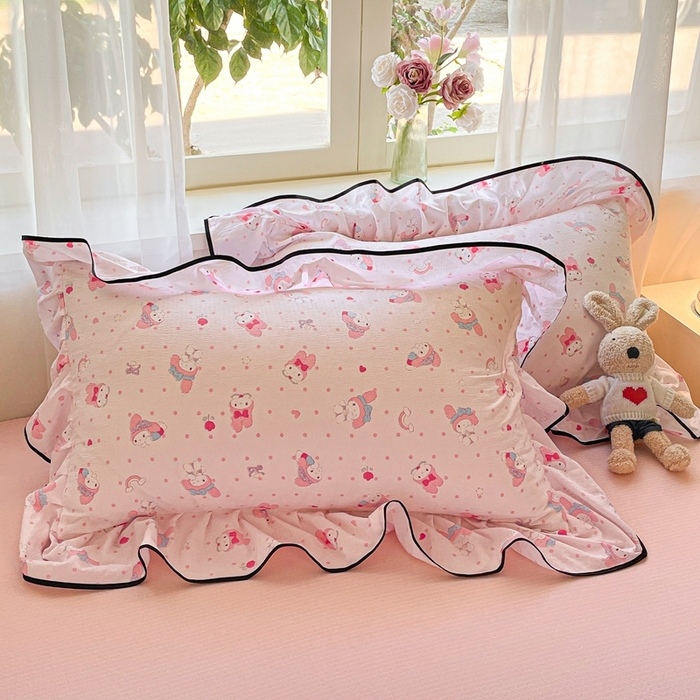 91家纺网 家纺一手货源 找家纺 海岛哥哥 2025新款韩式ins风黑边花边木棉双层纱四件套（有买家秀） 黑花边-顽皮乐乐