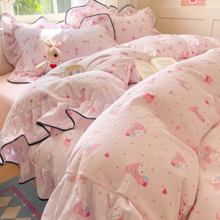 91家纺网 家纺一手货源 找家纺 海岛哥哥 2025新款韩式ins风黑边花边木棉双层纱四件套（有买家秀） 黑花边-顽皮乐乐