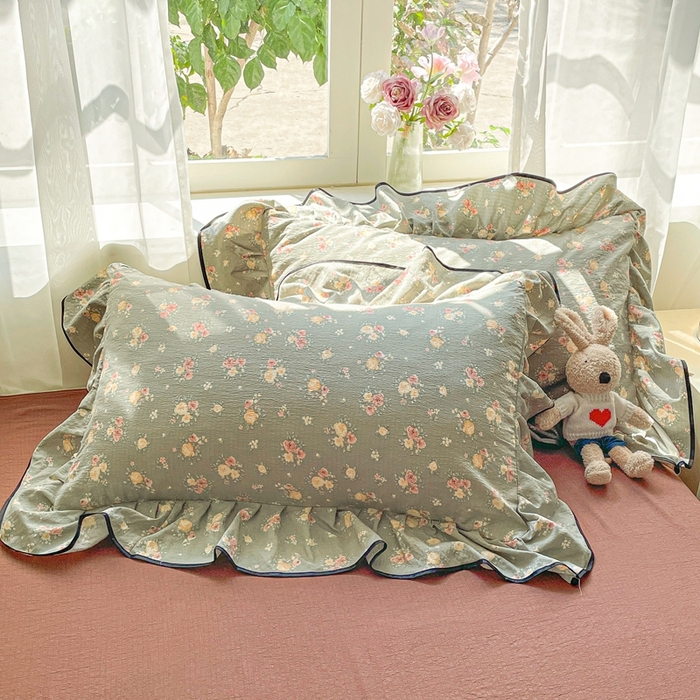 91家纺网 家纺一手货源 找家纺 海岛哥哥 2025新款韩式ins风黑边花边木棉双层纱四件套（有买家秀） 黑花边-玫瑰花海-墨绿