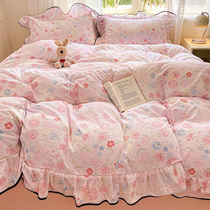 91家纺网 家纺一手货源 找家纺 海岛哥哥 2025新款韩式ins风黑边花边木棉双层纱四件套（有买家秀） 黑花边-花梦源-粉