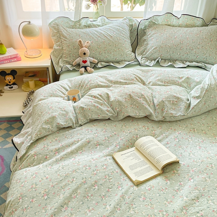 91家纺网 家纺一手货源 找家纺 海岛哥哥 2025新款韩式ins风黑边花边木棉双层纱四件套（有买家秀） 黑花边-栀子-绿