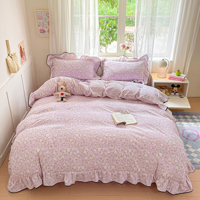 91家纺网 家纺一手货源 找家纺 海岛哥哥 2025新款韩式ins风黑边花边木棉双层纱四件套（有买家秀） 黑花边-芍药-紫