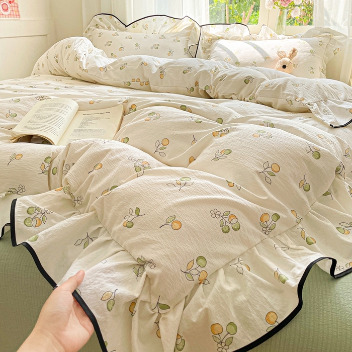 91家纺网 家纺一手货源 找家纺 海岛哥哥 2025新款韩式ins风黑边花边木棉双层纱四件套（有买家秀） 黑花边-盛夏果实