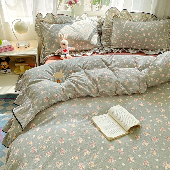 91家纺网 家纺一手货源 找家纺 海岛哥哥 2025新款韩式ins风黑边花边木棉双层纱四件套（有买家秀） 黑花边-玫瑰花海-墨绿