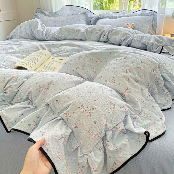 91家纺网 家纺一手货源 找家纺 海岛哥哥 2025新款韩式ins风黑边花边木棉双层纱四件套（有买家秀） 黑花边-豆蔻