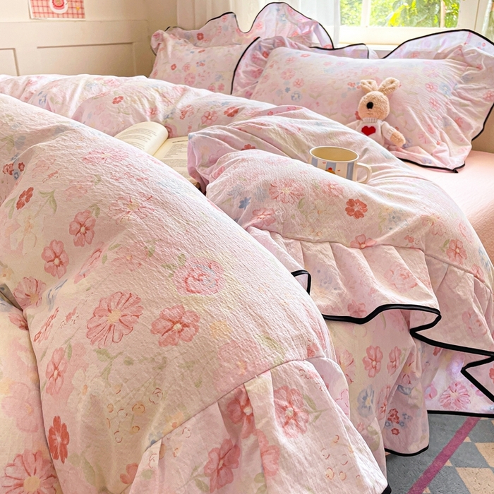 91家纺网 家纺一手货源 找家纺 海岛哥哥 2025新款韩式ins风黑边花边木棉双层纱四件套（有买家秀） 黑花边-花梦源-粉