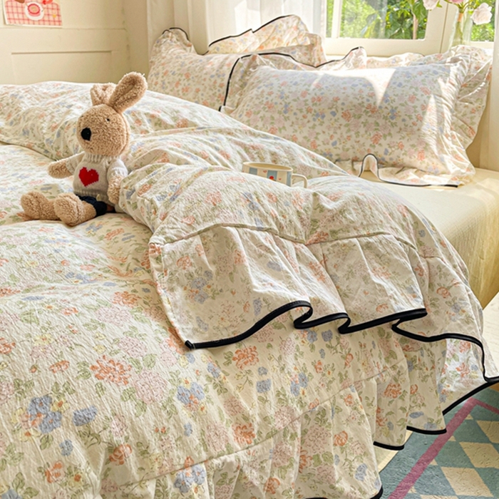 91家纺网 家纺一手货源 找家纺 海岛哥哥 2025新款韩式ins风黑边花边木棉双层纱四件套（有买家秀） 黑花边-芍药-米