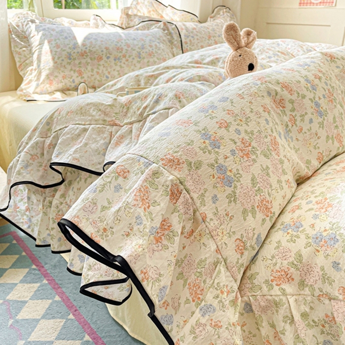 91家纺网 家纺一手货源 找家纺 海岛哥哥 2025新款韩式ins风黑边花边木棉双层纱四件套（有买家秀） 黑花边-芍药-米