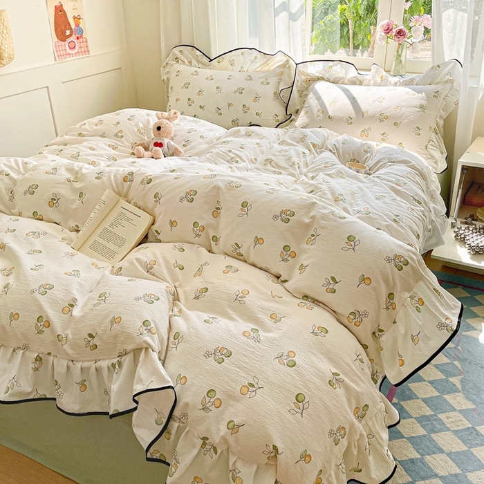 91家纺网 家纺一手货源 找家纺 海岛哥哥 2025新款韩式ins风黑边花边木棉双层纱四件套（有买家秀） 黑花边-盛夏果实