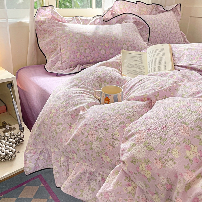 91家纺网 家纺一手货源 找家纺 海岛哥哥 2025新款韩式ins风黑边花边木棉双层纱四件套（有买家秀） 黑花边-芍药-紫