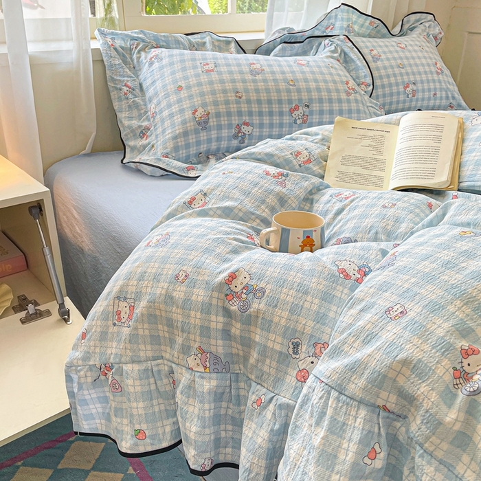 91家纺网 家纺一手货源 找家纺 海岛哥哥 2025新款韩式ins风黑边花边木棉双层纱四件套（有买家秀） 黑花边-甜蜜电话-蓝