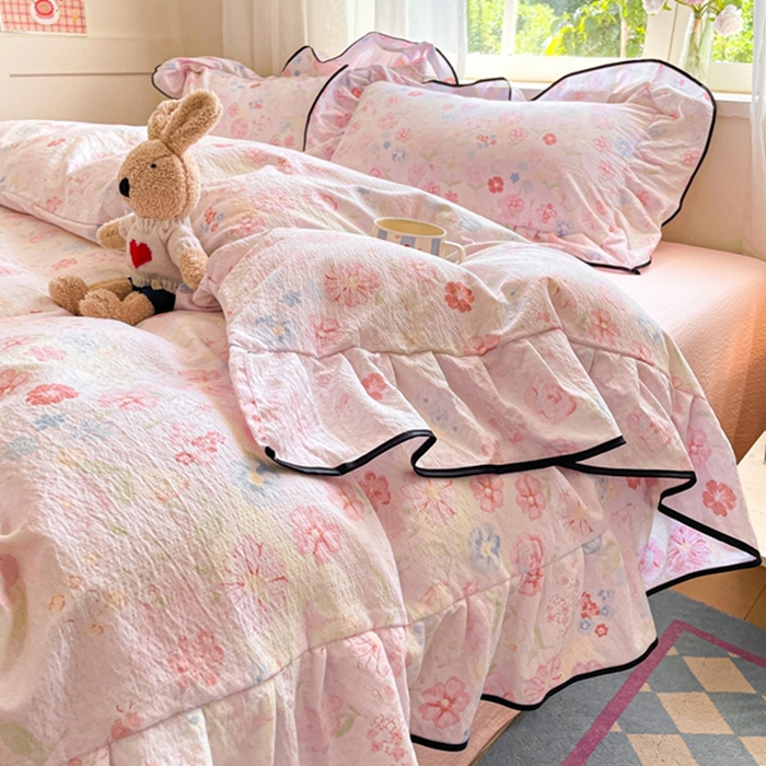 91家纺网 家纺一手货源 找家纺 海岛哥哥 2025新款韩式ins风黑边花边木棉双层纱四件套（有买家秀） 黑花边-花梦源-粉