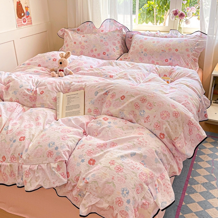 91家纺网 家纺一手货源 找家纺 海岛哥哥 2025新款韩式ins风黑边花边木棉双层纱四件套（有买家秀） 黑花边-花梦源-粉