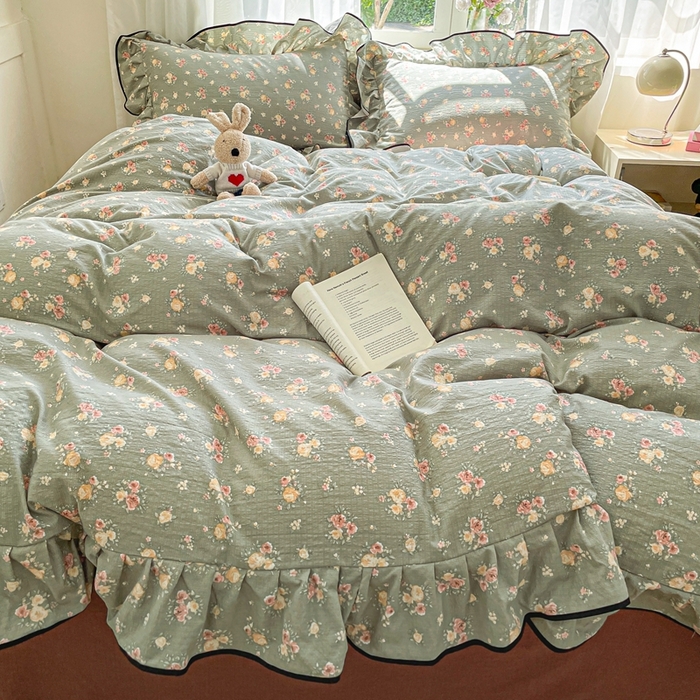 91家纺网 家纺一手货源 找家纺 海岛哥哥 2025新款韩式ins风黑边花边木棉双层纱四件套（有买家秀） 黑花边-玫瑰花海-墨绿