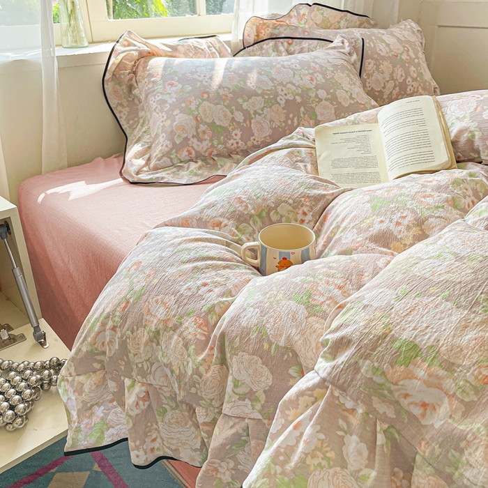 91家纺网 家纺一手货源 找家纺 海岛哥哥 2025新款韩式ins风黑边花边木棉双层纱四件套（有买家秀） 黑花边-牡丹