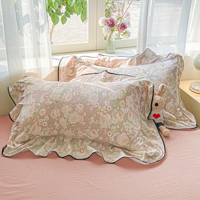 91家纺网 家纺一手货源 找家纺 海岛哥哥 2025新款韩式ins风黑边花边木棉双层纱四件套（有买家秀） 黑花边-牡丹