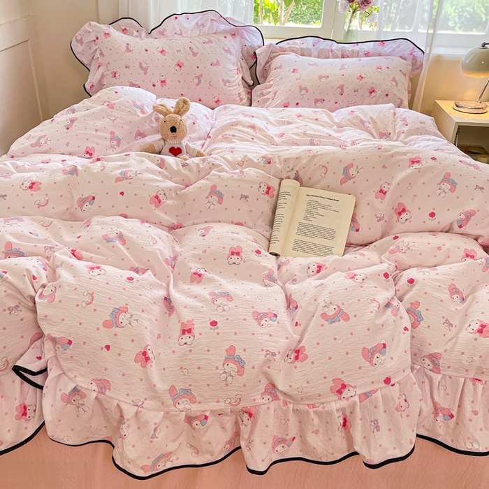 91家纺网 家纺一手货源 找家纺 海岛哥哥 2025新款韩式ins风黑边花边木棉双层纱四件套（有买家秀） 黑花边-顽皮乐乐