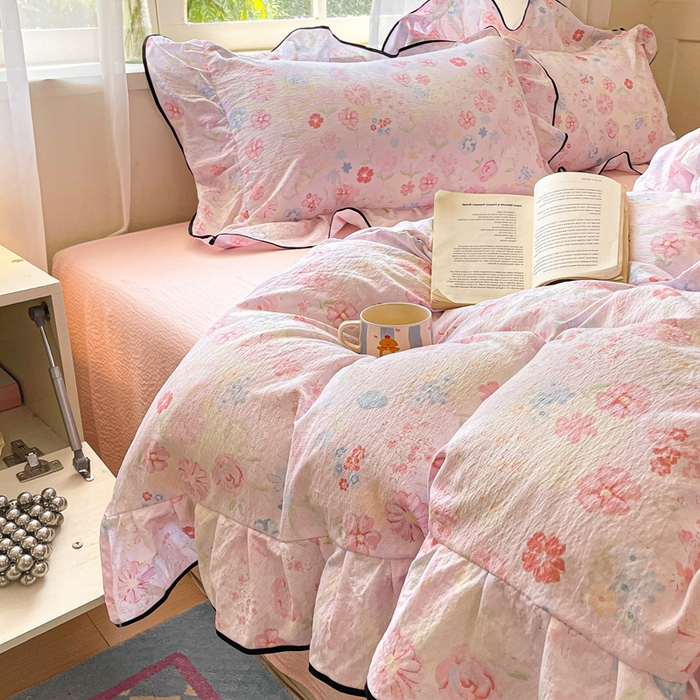 91家纺网 家纺一手货源 找家纺 海岛哥哥 2025新款韩式ins风黑边花边木棉双层纱四件套（有买家秀） 黑花边-花梦源-粉