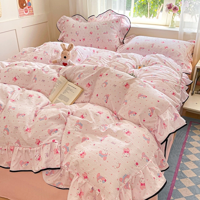 91家纺网 家纺一手货源 找家纺 海岛哥哥 2025新款韩式ins风黑边花边木棉双层纱四件套（有买家秀） 黑花边-顽皮乐乐