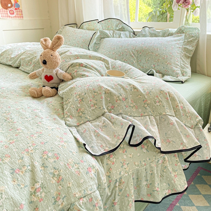 91家纺网 家纺一手货源 找家纺 海岛哥哥 2025新款韩式ins风黑边花边木棉双层纱四件套（有买家秀） 黑花边-栀子-绿