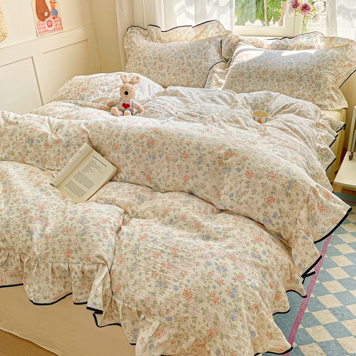 91家纺网 家纺一手货源 找家纺 海岛哥哥 2025新款韩式ins风黑边花边木棉双层纱四件套（有买家秀） 黑花边-芍药-米