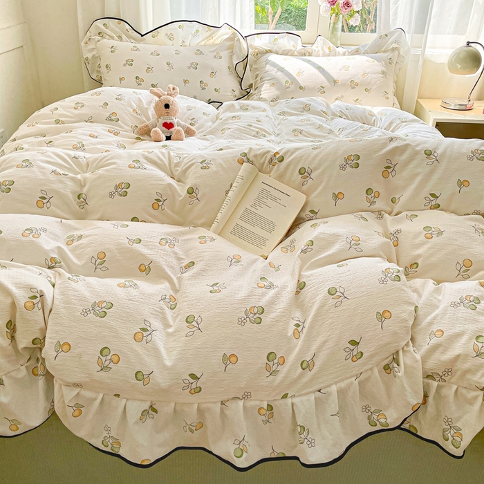 91家纺网 家纺一手货源 找家纺 海岛哥哥 2025新款韩式ins风黑边花边木棉双层纱四件套（有买家秀） 黑花边-盛夏果实