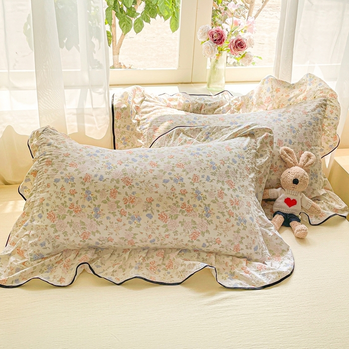 91家纺网 家纺一手货源 找家纺 海岛哥哥 2025新款韩式ins风黑边花边木棉双层纱四件套（有买家秀） 黑花边-芍药-米