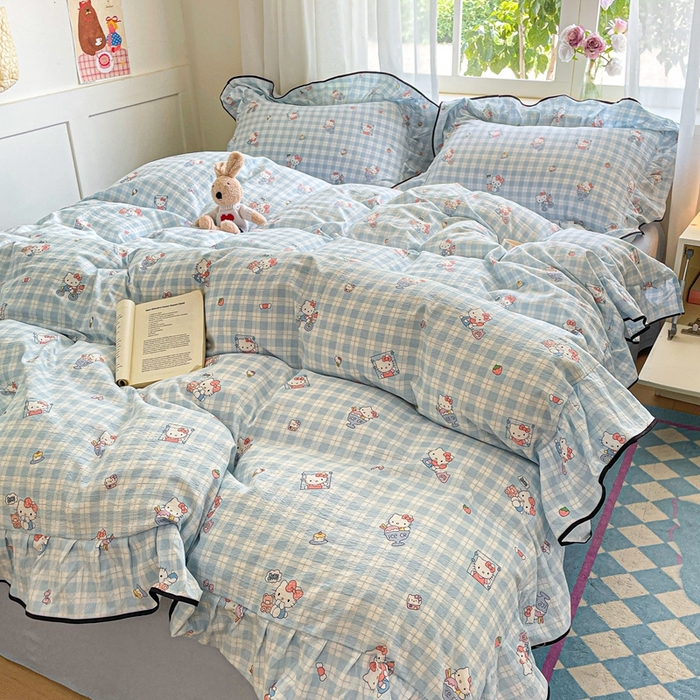 91家纺网 家纺一手货源 找家纺 海岛哥哥 2025新款韩式ins风黑边花边木棉双层纱四件套（有买家秀） 黑花边-甜蜜电话-蓝