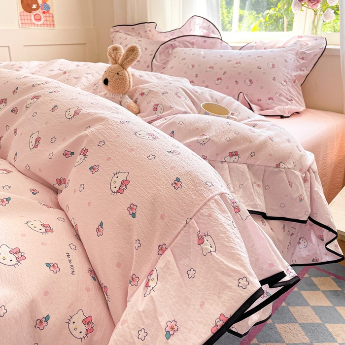 91家纺网 家纺一手货源 找家纺 海岛哥哥 2025新款韩式ins风黑边花边木棉双层纱四件套（有买家秀） 黑花边-粉樱凯蒂