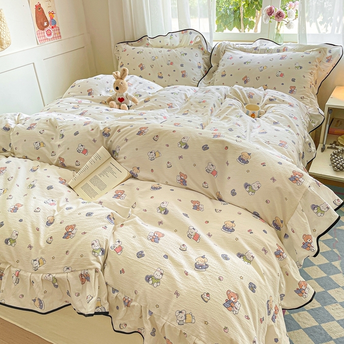 91家纺网 家纺一手货源 找家纺 海岛哥哥 2025新款韩式ins风黑边花边木棉双层纱四件套（有买家秀） 黑花边-海盐宝宝